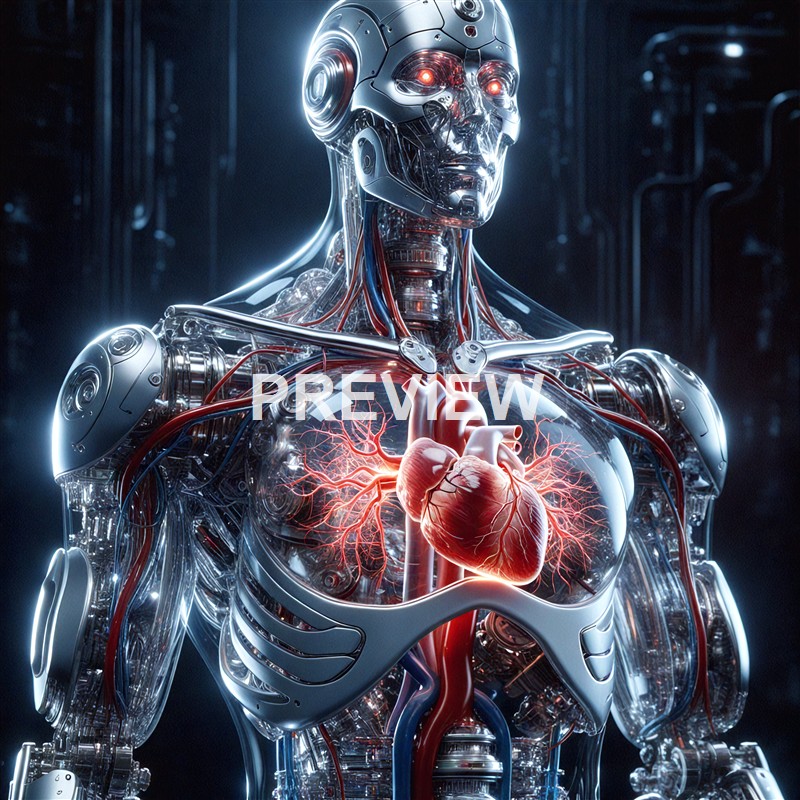 A highly detailed and futuristic humanoid robot with a metallic body and glowing red eyes, displaying a realistic human heart inside its chest with illuminated arteries.